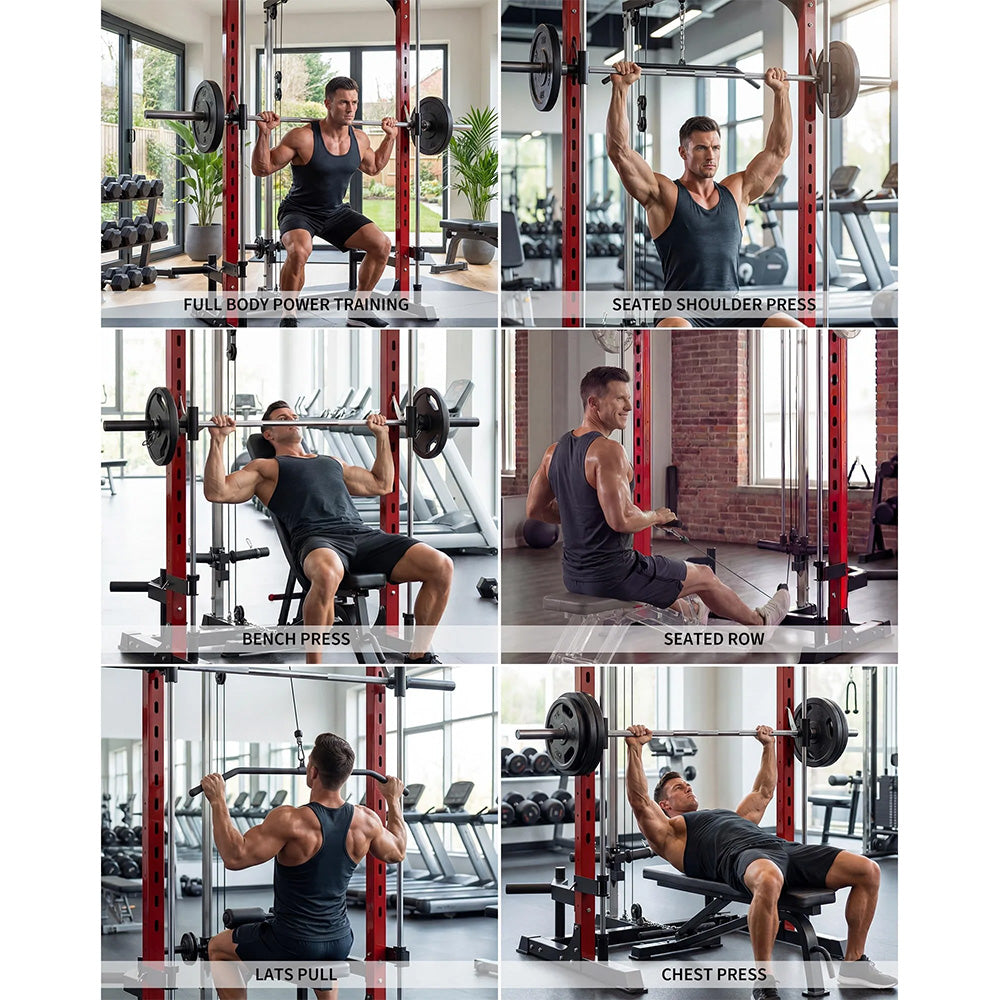 Garvee 1000LB Smith Machine Home Gym System - Power Cage, Lat Pulldown - Carbon Steel - Safety Spotter Arms, Bar Storage - Full Body Strength Training