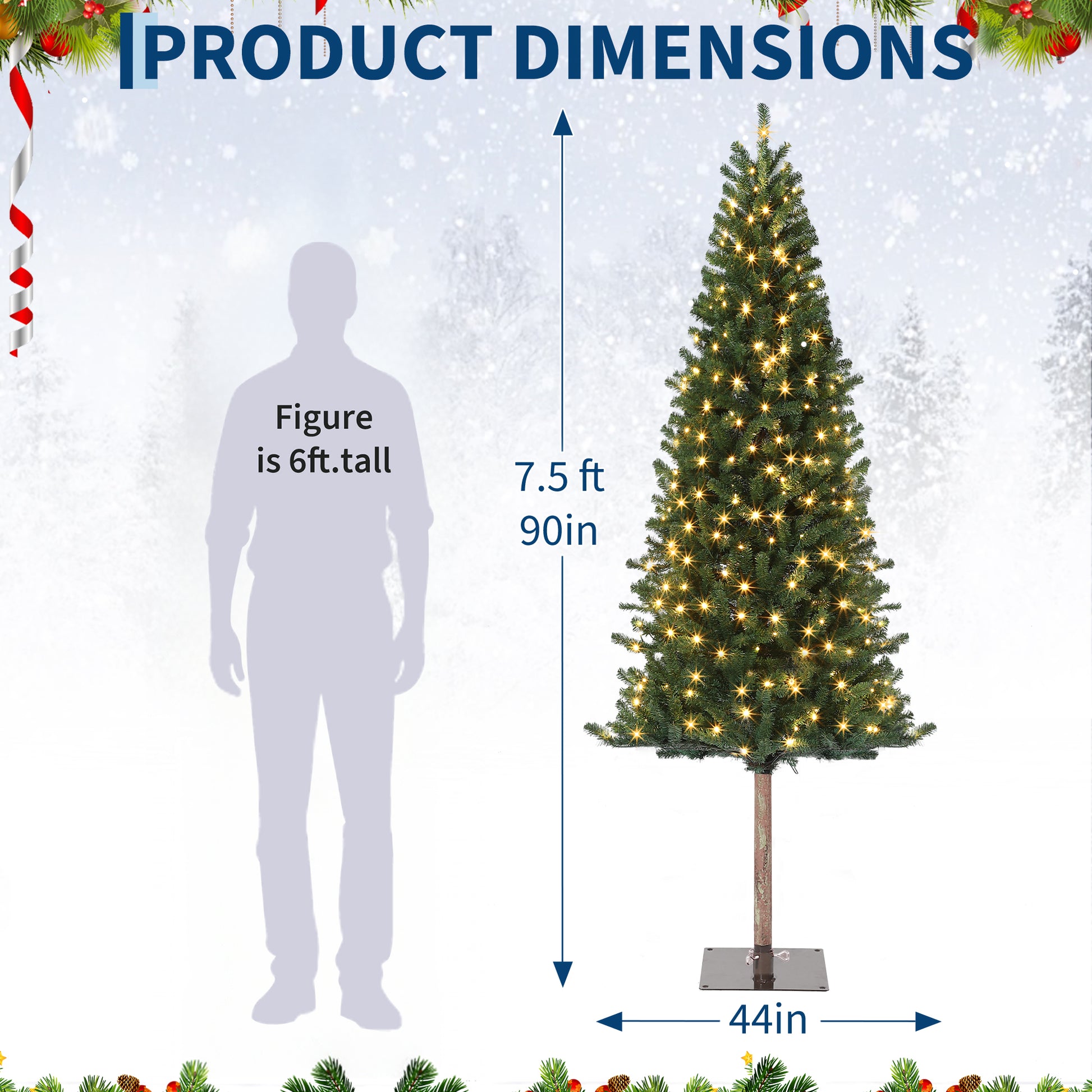 Garvee 7.5ft Pencil Christmas Tree, Pre-lit Alpine Slim Xmas Tree with Lighted Skinny Décor LED Lights, Metal Stand Holiday Decoration for Home, Office, Outdoor, Party