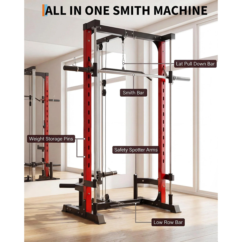 Garvee 1000LB Smith Machine Home Gym System - Power Cage, Lat Pulldown - Carbon Steel - Safety Spotter Arms, Bar Storage - Full Body Strength Training