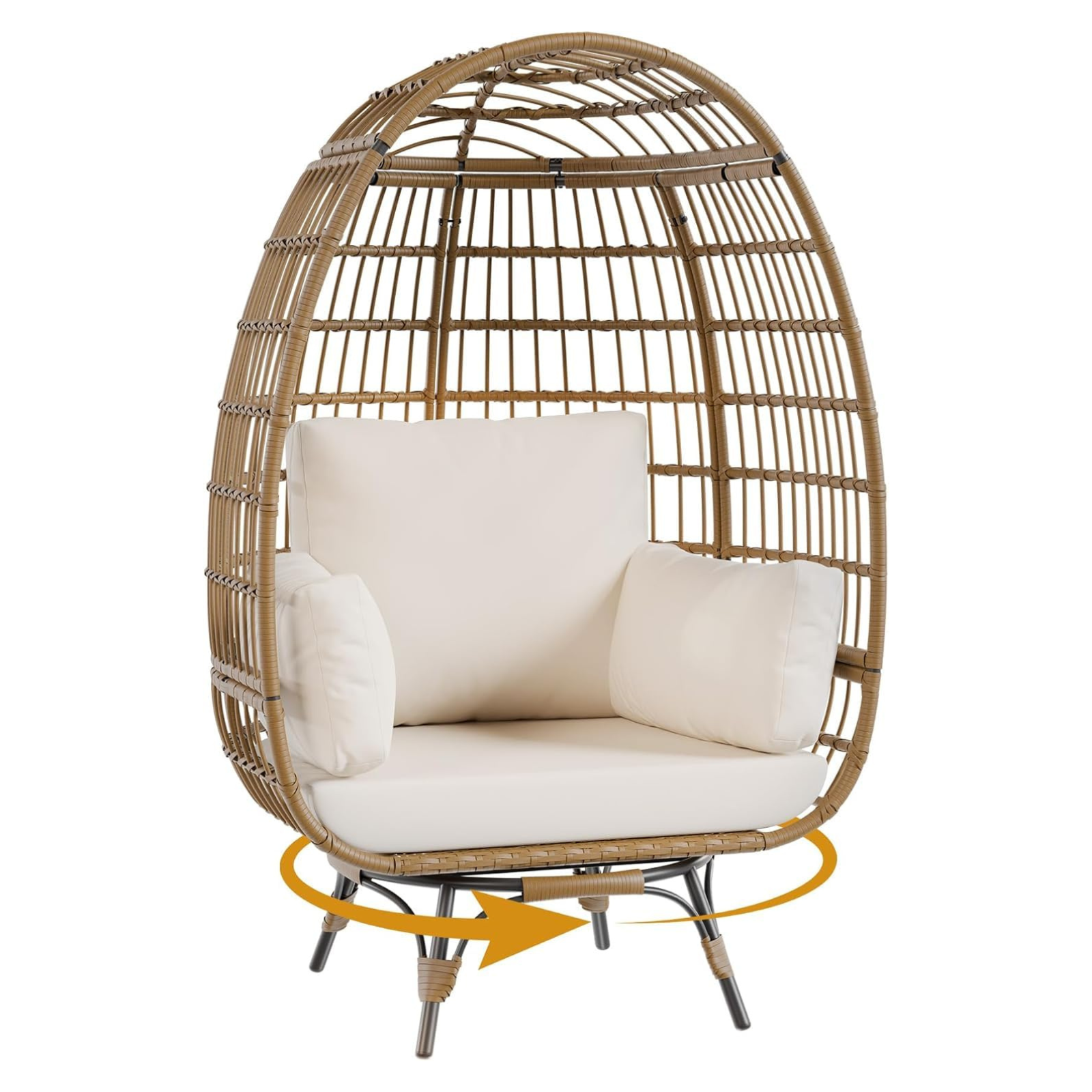Garvee 360° Swivel Egg Chair, Oversized Patio Rotating Basket Chair, Steel Frame and Metal Base, Waterproof, PE Rattan Lounge Chair for Indoor & Outdoor Patio, Living Room, and Backyard, Beige