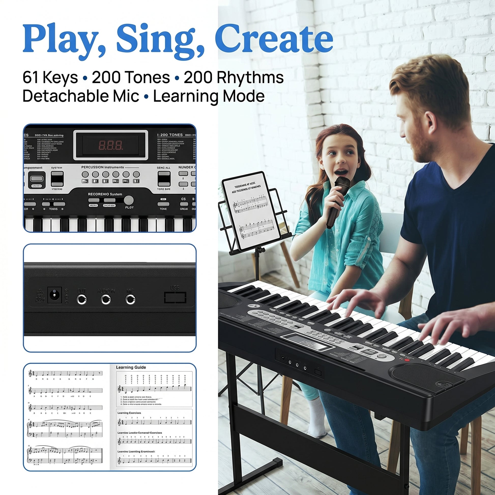 Garvee 61-Key Electric Keyboard Piano + 200 Timbres & Rhythms + Record Playback + Detachable Microphone + Portable + Suitable for Beginners & Kids
