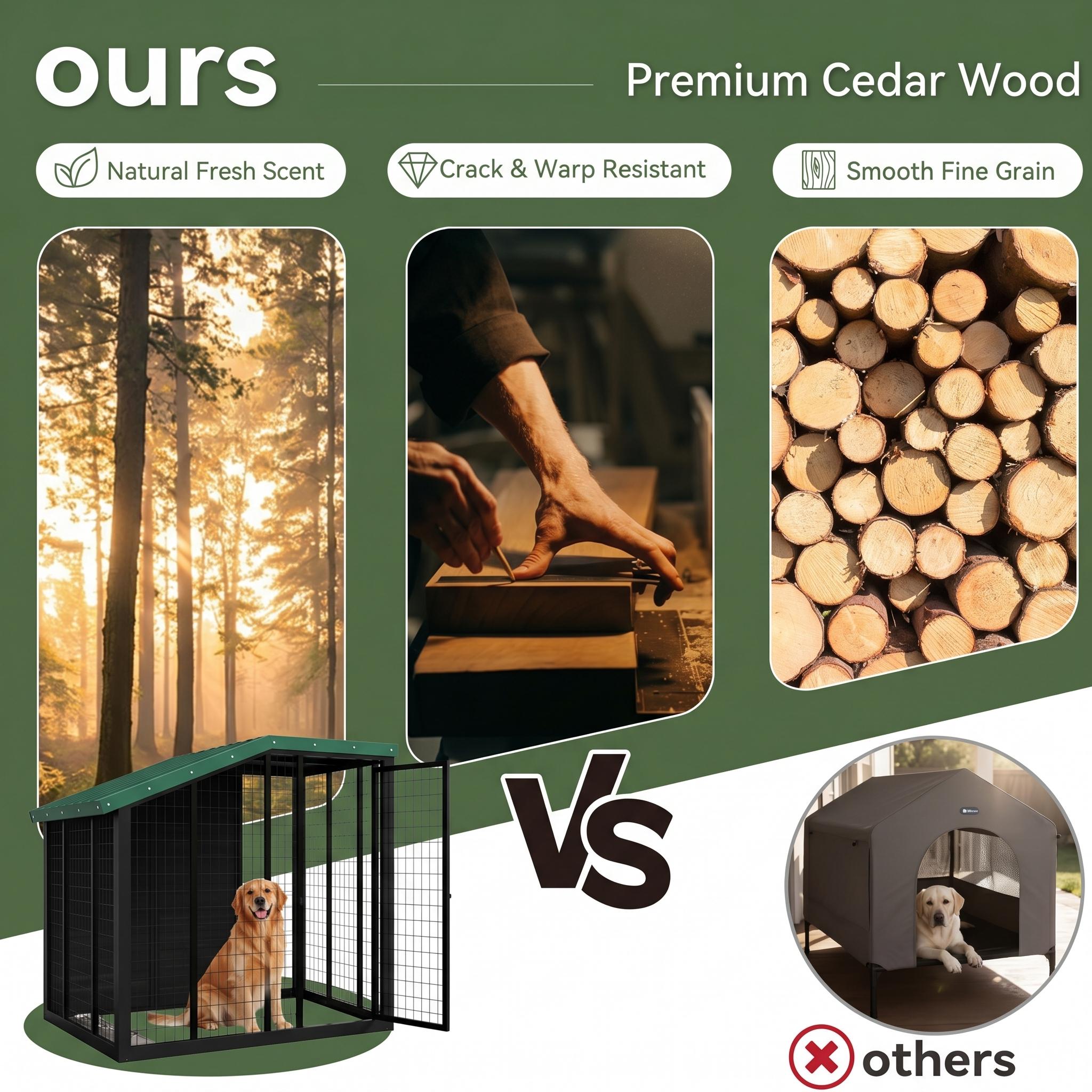 Cedar wood construction infographic for the black dog kennel with material close-ups and comparison graphics