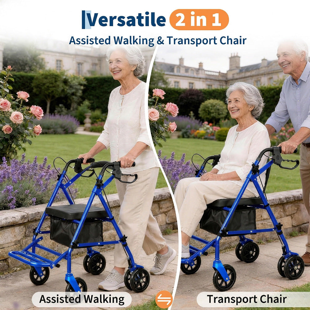 Garvee Lightweight 2-in-1 Rollator Walker & Wheelchair for Adults & Seniors, Adjustable Height, Carbon Steel Frame, 6" Wheels, Underseat Storage, Portable Mobility Aid, Blue