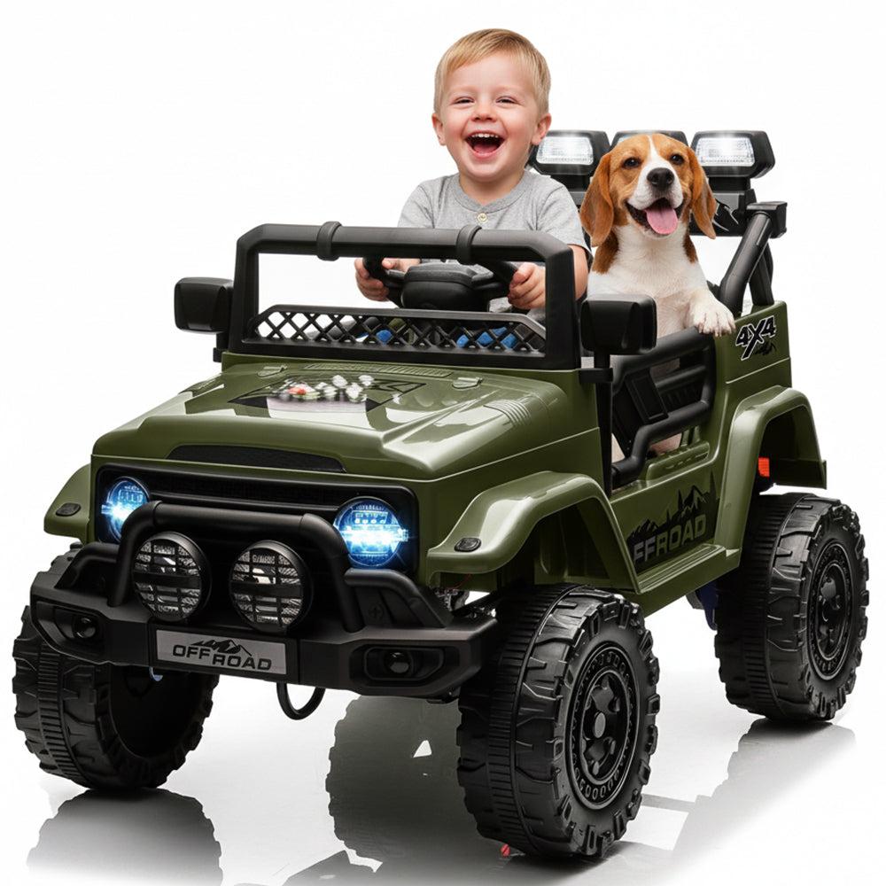 Garvee Ride - P Series: 12V Electric Ride on Truck Car For Kids Age 3+, Remote Control, Twin 25W Motors 3.1MPH Max Speed, Bluetooth USB Music Player, 4 Wheels Suspension LED Lights Safety Belt, Gift for Boy & Girl - Green