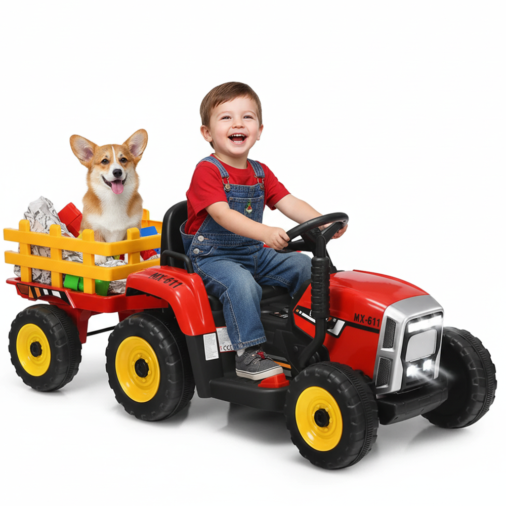 Garvee Ride - P Series: 12V Electric Tractor & Trailer for Kids, 3-6 Yrs - With RC - Red / 35W