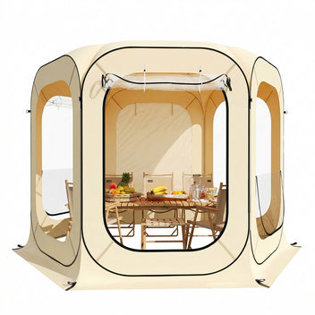 Garvee 10x10 Ft Outdoor All Weather Pop Up Tent, 6-8 Person Instant Tent Shelter, Rainproof Camping Sun Shelter Coldproof & Windproof for Patio, Backyard, Deck, Sports Events, Beige