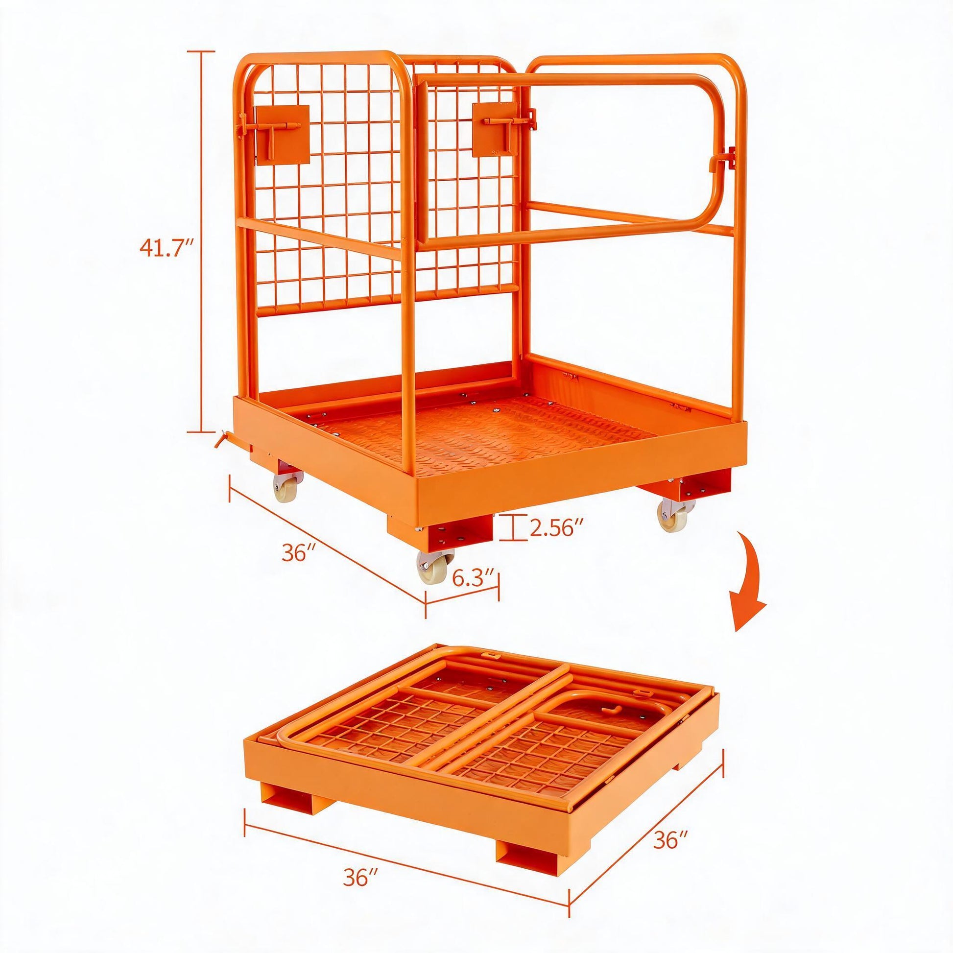 Garvee 36" x 36" Heavy Duty Forklift Safety Cage (1800 LBS Capacity) - Foldable Forklift Man Basket Work Platform for 1-3 People with Protective Guardrail Chain & Drain Holes, High-Visibility Orange