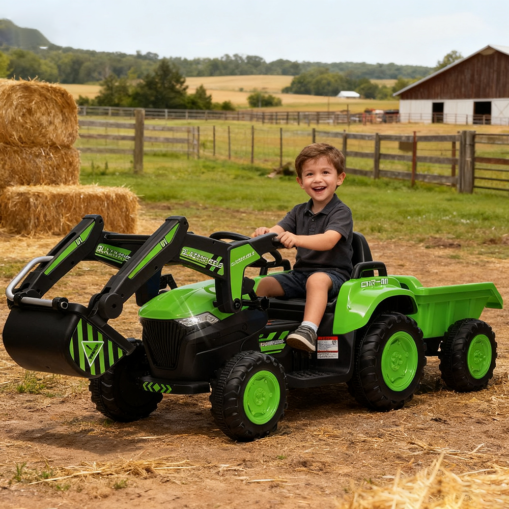 Garvee Ride - P Series: 12V 3 in 1 Ride on Excavator & Tractor with Detachable Trailer, Ride on Car Toy with Remote Control, Digger, LED Lights, Music, Kids Electric Vehicles for Boys Girls, Green