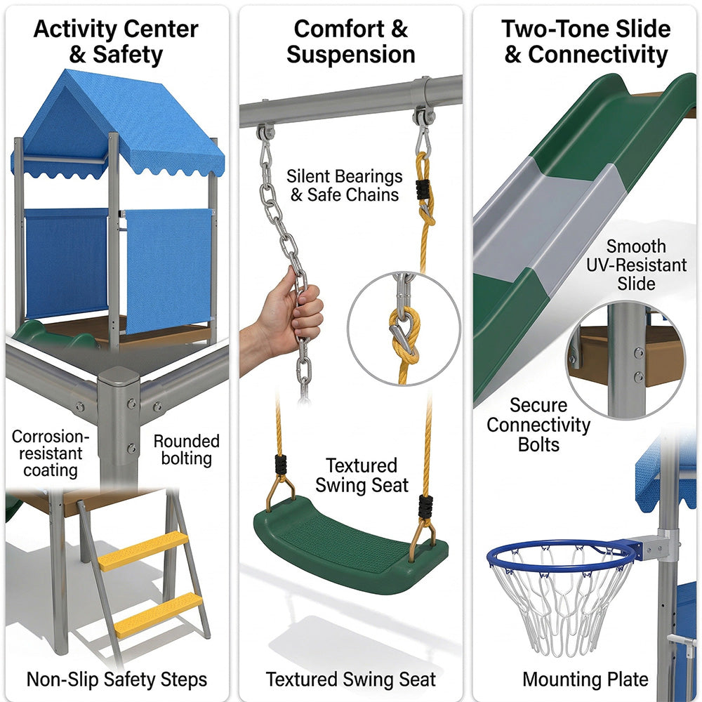 Garvee Kids Outdoor Playset with Dual Swings, Slide & Basketball Hoop, Galvanized Steel Frame Playground Equipment for Backyard, Garden & Outdoor Play Swing Playset Accessories