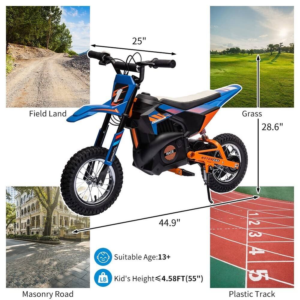 Garvee Ride - T Series: 24V Kids Electric Dirt Motorcycle for Kids Ages 13+, 250W Electric Off-Road Motorcycle,Up to 13.6MPH, Twist Grip Throttle,Metal Suspension,Air-Filled Tires,Leather Seat - Blue