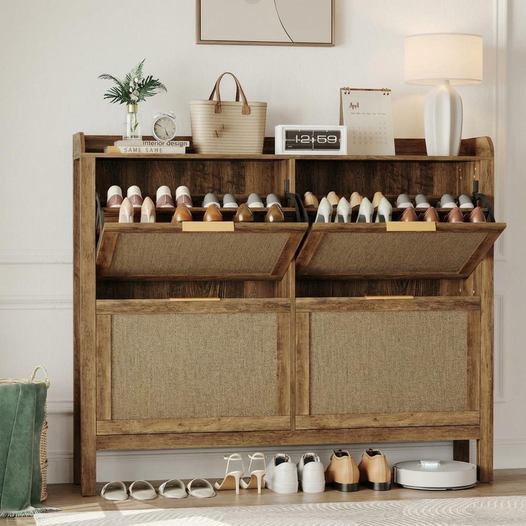 Garvee Rattan Shoe Storage Cabinet with 4 Flip Drawers Adjustable Shelves for 40 Pair Shoes Brown Boho Entryway Hallway 47 Inch