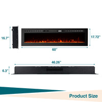Garvee 60" Electric Fireplace In-Wall Recessed & Wall Mounted, Remote Control, 12 Flame Colors, 750/1500W Heater, Timer, Adjustable Brightness, Log & Crystals