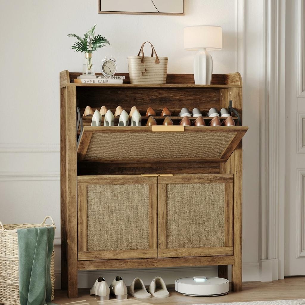 Garvee Farmhouse Rattan Shoe Storage Cabinet with 2 Flip Drawers, Wooden Legs, Narrow Brown Shoe Rack for Entryway