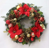 Garvee Prelit Christmas Wreath for Front Door, 24" Large Outdoor Christmas Wreath, Battery Operated Lighted Xmas Wreath with Red Gold Balls Artificial Poinsettia for Fireplace Window Wall Decor