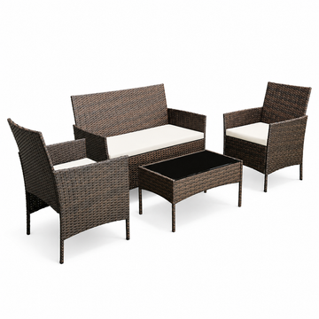 Garvee 4-Piece Rattan Patio Conversation Set, Gray Wicker Outdoor Sofa Set with Cream Cushions & Glass Table