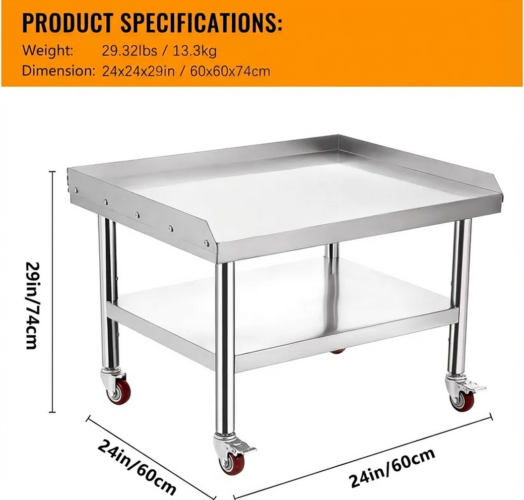 GARVEE 24"L x 24"W x 29"H Stainless Steel Equipment Grill Stand Table - 1000 lbs Top Shelf, 220 lbs Bottom Shelf, 2" Edge Baffle, with Wheels for Home, Hotel, and Commercial Kitchens