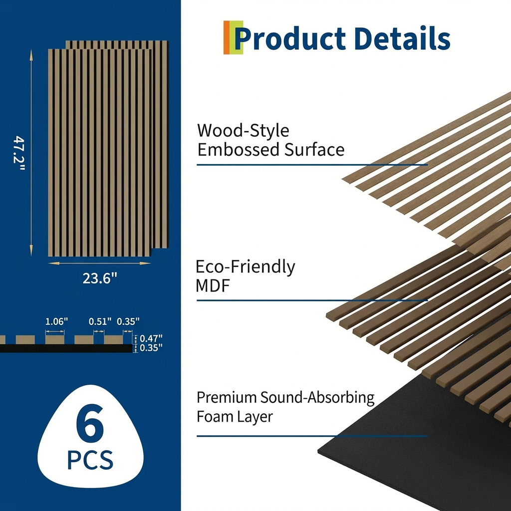 Garvee Set of 6 Modern 3D Fluted Acoustic Wood Slat Wall Panels 47.2" x 23.6" Soundproof Decorative Panels for Home Theater, Office, Studio and Interior Walls, Walnut