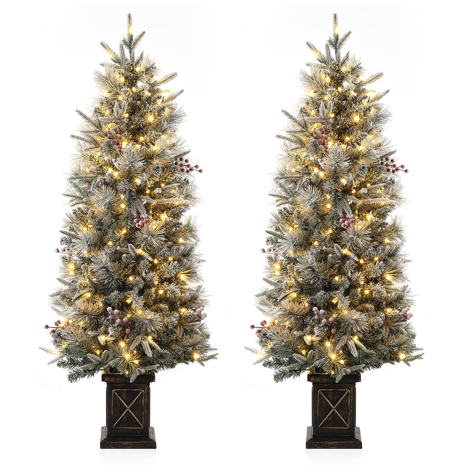 Garvee 4.5ft Xmas Tree Set of 2, Pre Lit Snow Flocked Artificial Christmas Tree with 200 LED Lights & 8 Lighting Modes, Premium Christmas Pine Tree for Christmas Decoration, Yard, Home, Office