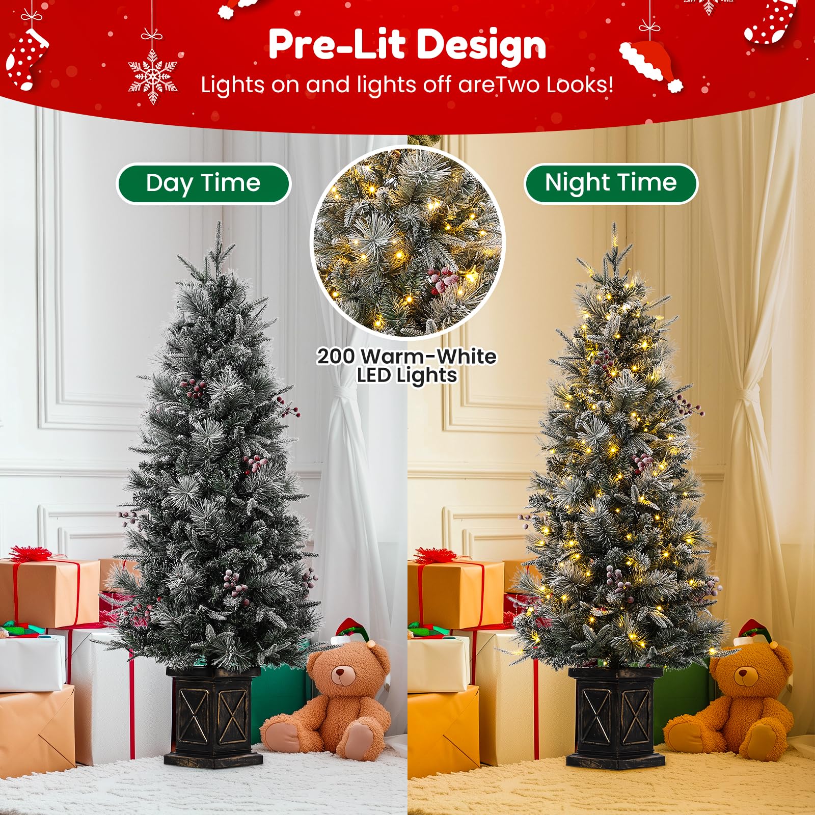 Garvee 4.5ft Xmas Tree Set of 2, Pre Lit Snow Flocked Artificial Christmas Tree with 200 LED Lights & 8 Lighting Modes, Premium Christmas Pine Tree for Christmas Decoration, Yard, Home, Office