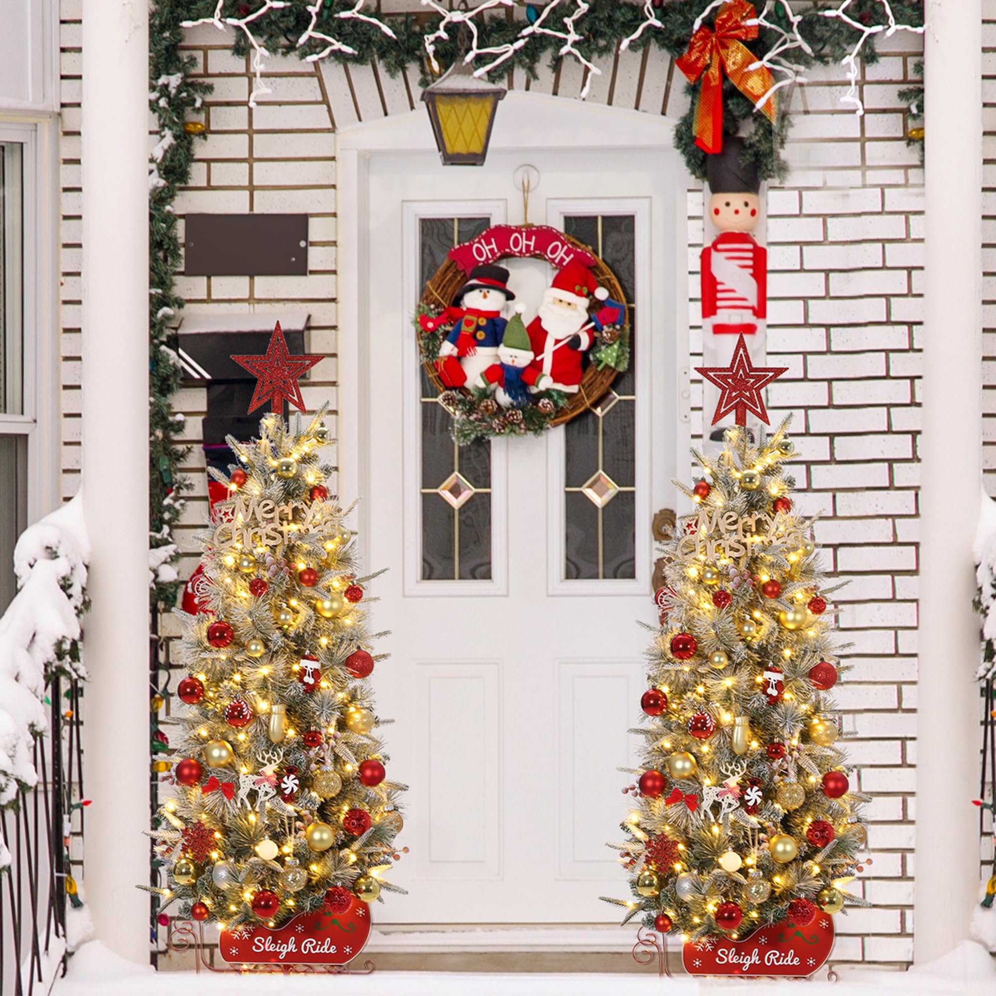 Garvee 4.5 ft Prelit Snow Flocked Christmas Tree with Sleigh Ride Base, Artificial Xmas Tree with 200 Lights, 12 Ball Ornaments, Small Christmas Tree for Home, Office