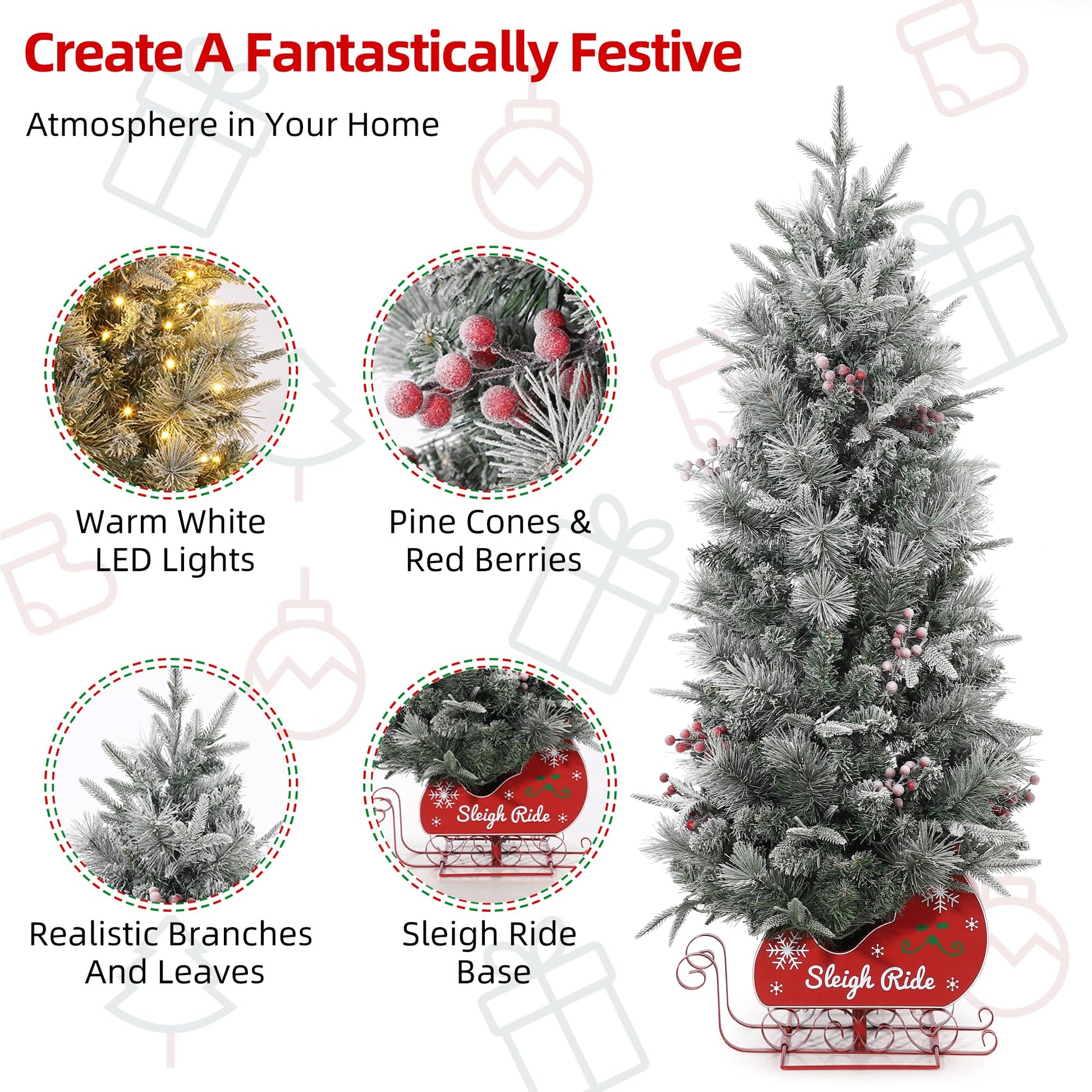 Garvee 4.5 ft Prelit Snow Flocked Christmas Tree with Sleigh Ride Base, Artificial Xmas Tree with 200 Lights, 12 Ball Ornaments, Small Christmas Tree for Home, Office