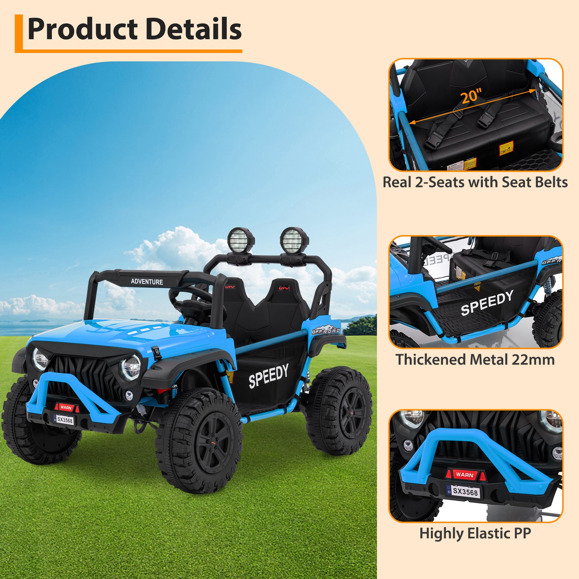 Garvee Ride P Series 24V Kids Toddler Ride On Truck 4WD 3 Speeds Large 7AH Battery EVA Tires Bluetooth MP3 Parent Safety Brake Red Outdoor Play - Blue