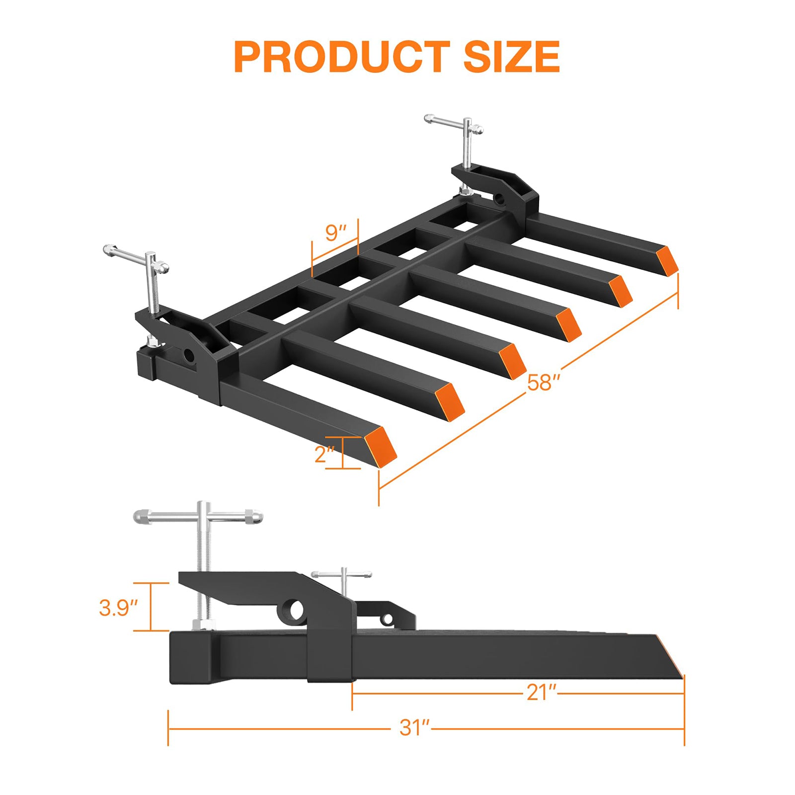 Garvee Heavy-Duty Clamp On Debris Forks for Tractor Bucket 58" 4000 Lbs Capacity Powder-Coated Alloy Steel Double Nut Construction Two Chain Holes for Farm, Warehouse, Construction