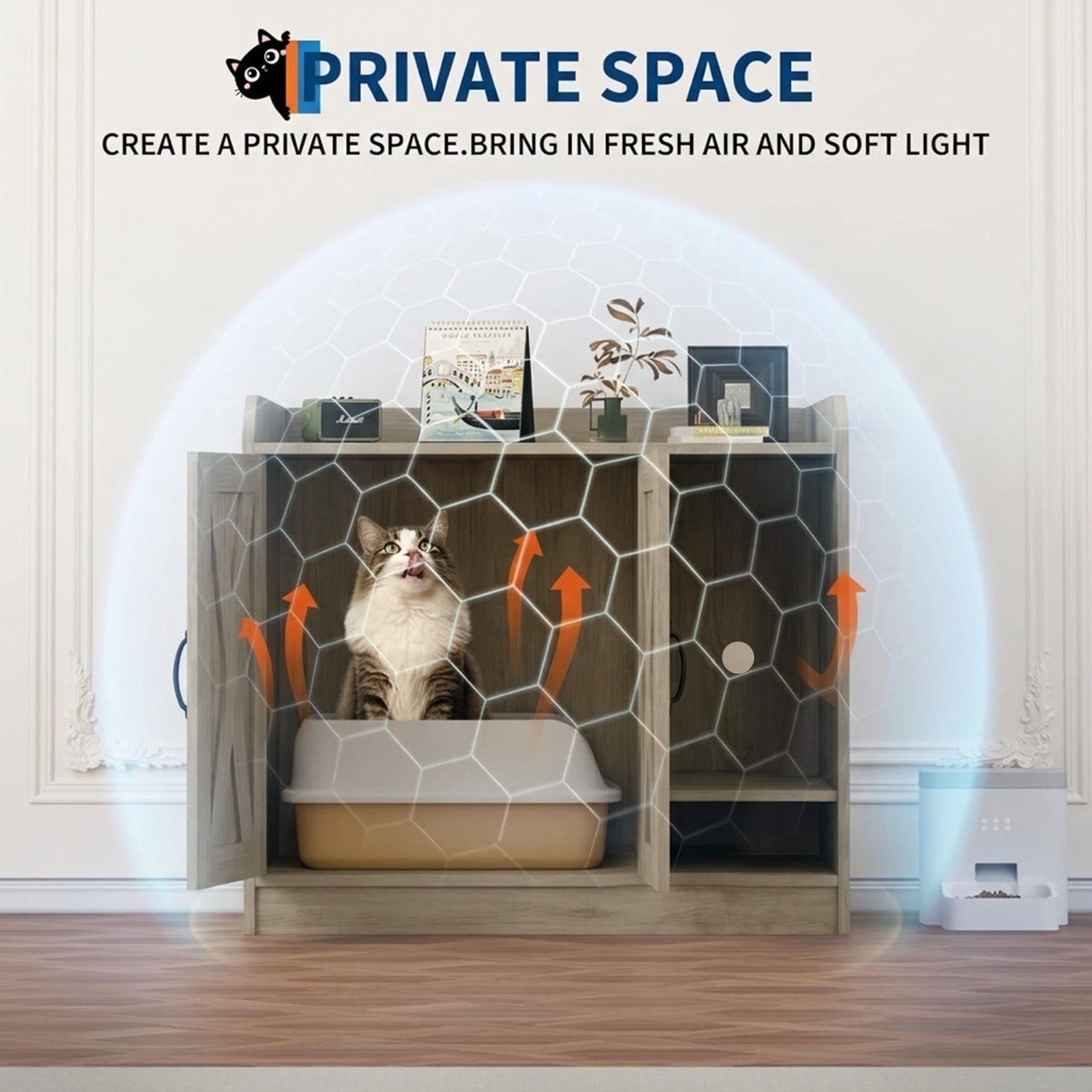Garvee Cat Litter Box Enclosure, Hidden Litter Box Furniture with Divider, Indoor Cat House, Wooden Cat Washroom Storage Cabinet Bench, Side End Table Nightstand, 33.07"L × 23.62"W × 23.92"H, Gray