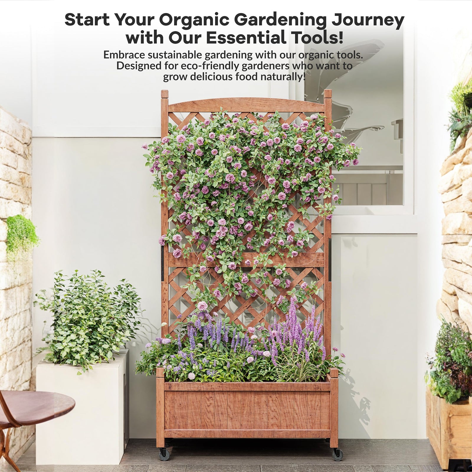 Garvee 2 PC 29.5" X 13" X 60" Wood Planter Box With Trellis For Planter & Flower, Raised Garden Bed With Wheels, Standing Vertical Horticulture Trellis Planter With Drainage Holes for Patio Garden