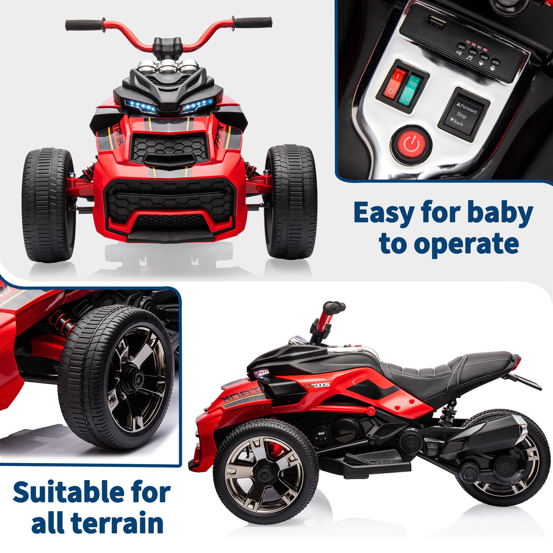 Garvee 12V Kids Ride on Toy for Kids, 2x55W Powerful Engine 7AH Battery, 3 - 7 km/H, 3 Wheelers Electric Vehicle, LED Lights, 2 Speeds, EVA Tire, Music, USB - Red