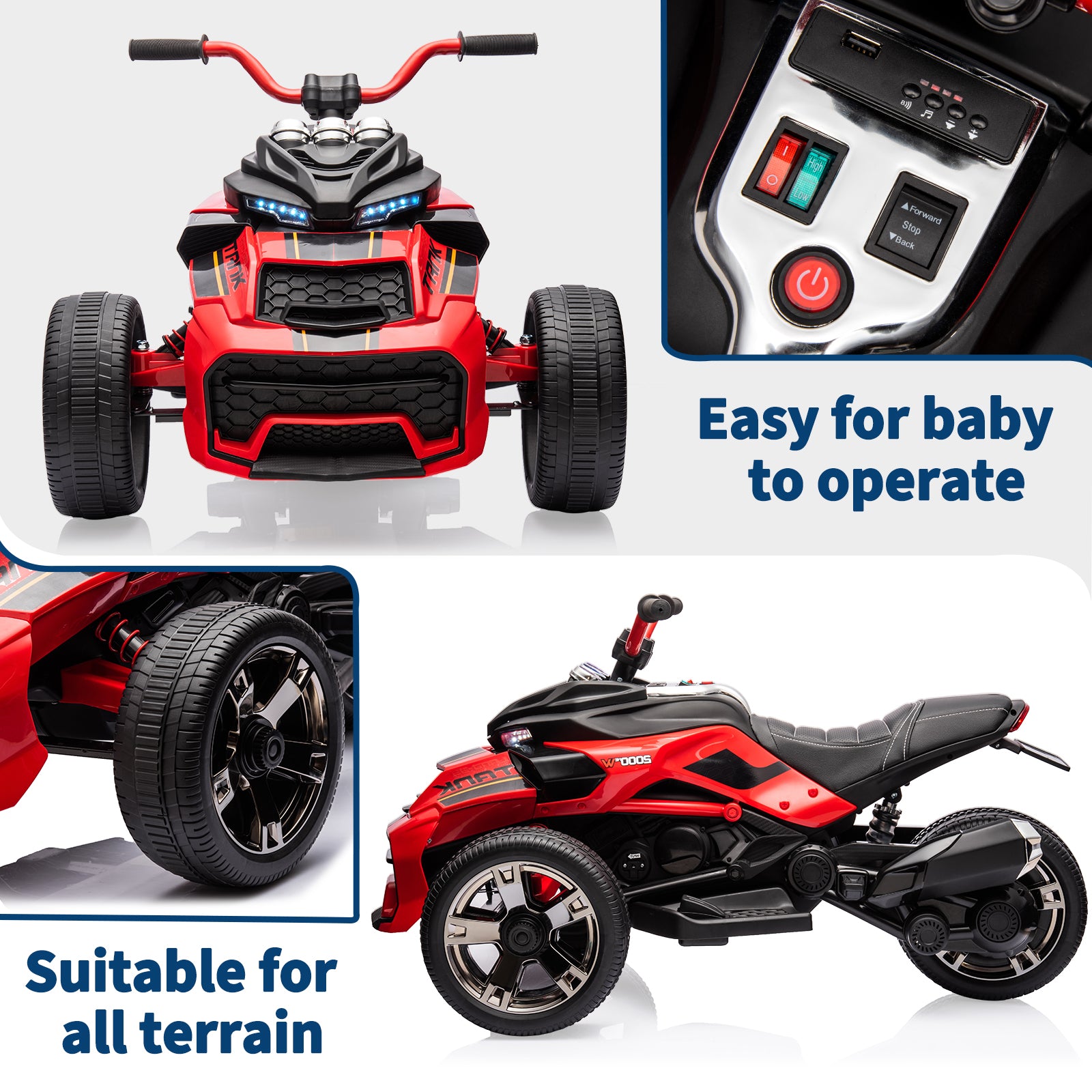 Garvee 12V Kids Ride on Toy for Kids, 2x55W Powerful Engine 7AH Battery, 3 - 7 km/H, 3 Wheelers Electric Vehicle, LED Lights, 2 Speeds, EVA Tire, Music, USB - Red