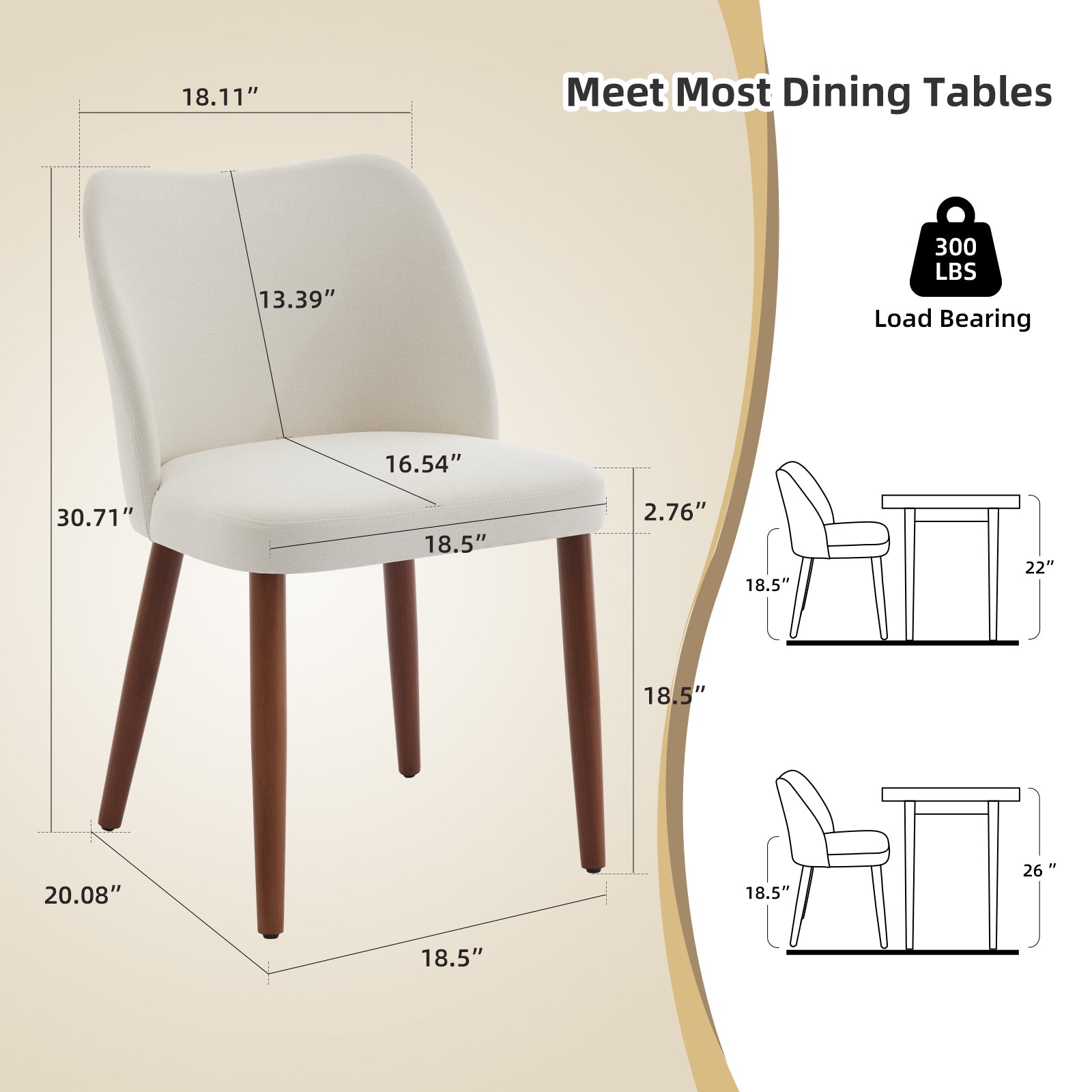 Garvee Set of 2 Mid Century Modern Linen Dining Chairs with Wood Legs for Dining Room, White