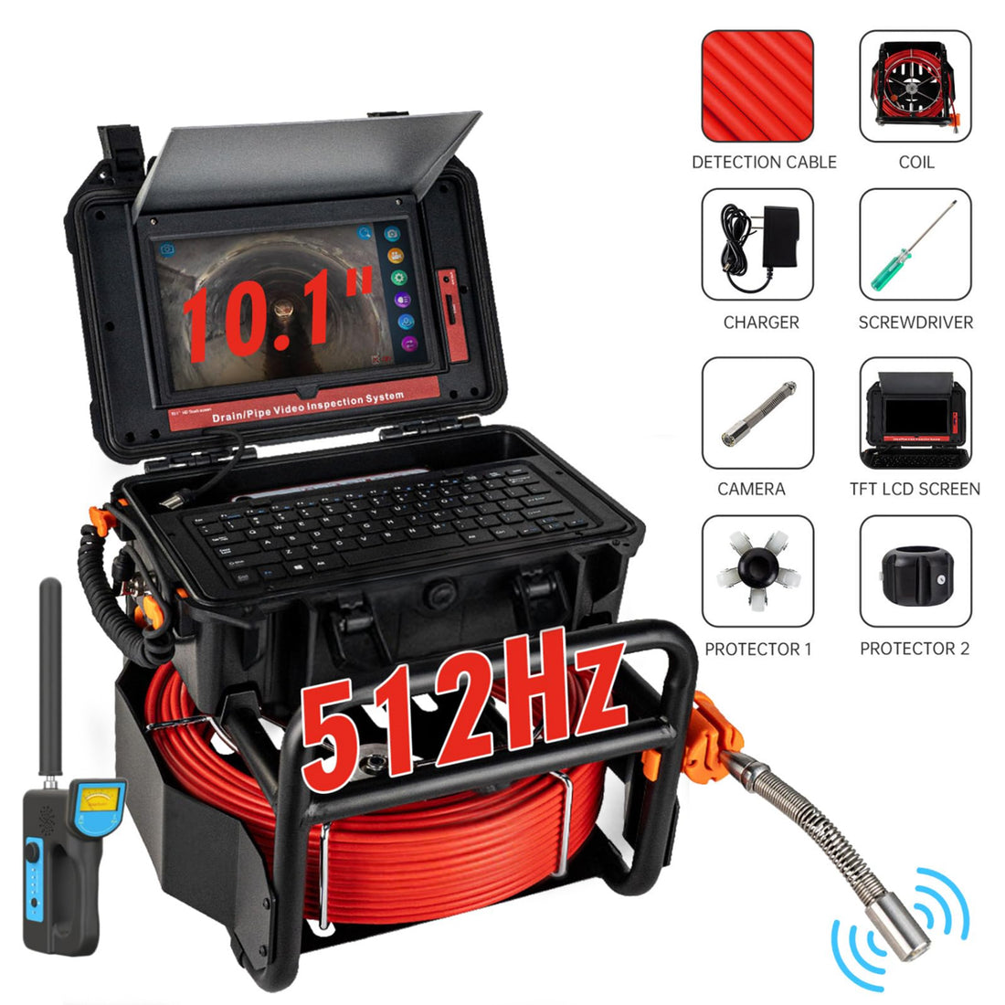 Garvee Sewer Camera with Locator, 300ft Sewer Inspection Camera with 512Hz Transmitter and Receiver, IP68 Camera w/12 Adjustable LEDs and DVR, 10.1'' Drain Pipe Cameras with DVR 16GB