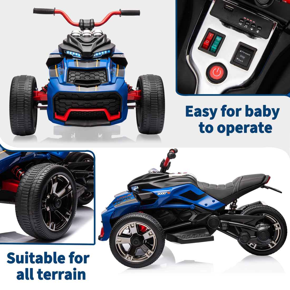 Garvee 12V Kids Ride on Toy for Kids, 2x55W Powerful Engine 7AH Battery, 3 - 7 km/H, 3 Wheelers Electric Vehicle, LED Lights, 2 Speeds, EVA Tire, Music, USB - Blue