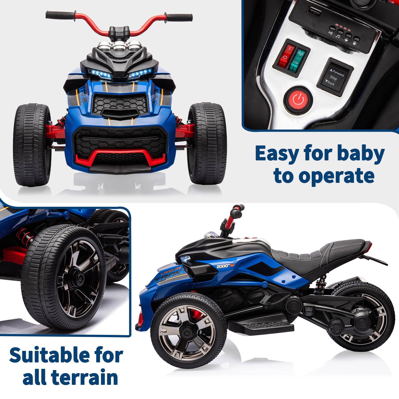 Garvee 12V Kids Ride on Toy for Kids, 2x55W Powerful Engine 7AH Battery, 3 - 7 km/H, 3 Wheelers Electric Vehicle, LED Lights, 2 Speeds, EVA Tire, Music, USB - Blue