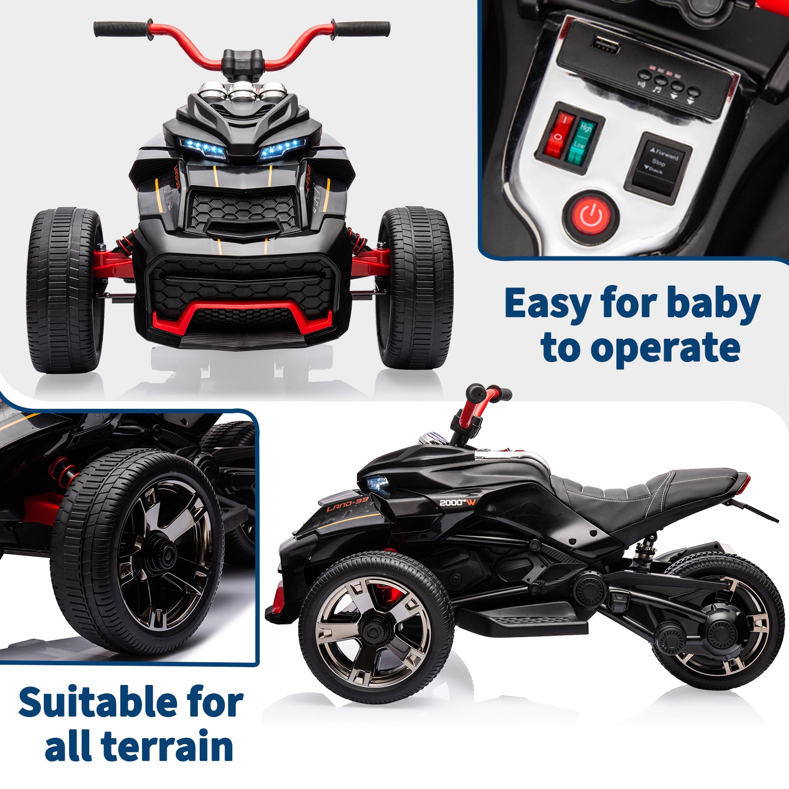 Garvee 12V Kids Ride On Toy 2x55W Engine 7AH Battery 3-7 km/h Speed 3-Wheeler Electric Vehicle with LED Lights Music USB Ideal for Outdoor Fun and Safe Play - Black