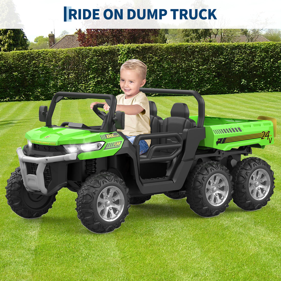 Garvee Ride - P Series: 2-Seater Ride on Car,6X6 24V Kids Ride On Dump Truck with Remote Control Electric Utility Vehicles UTV Battery Powered 6 Wheeler, for 3 years and up - Green
