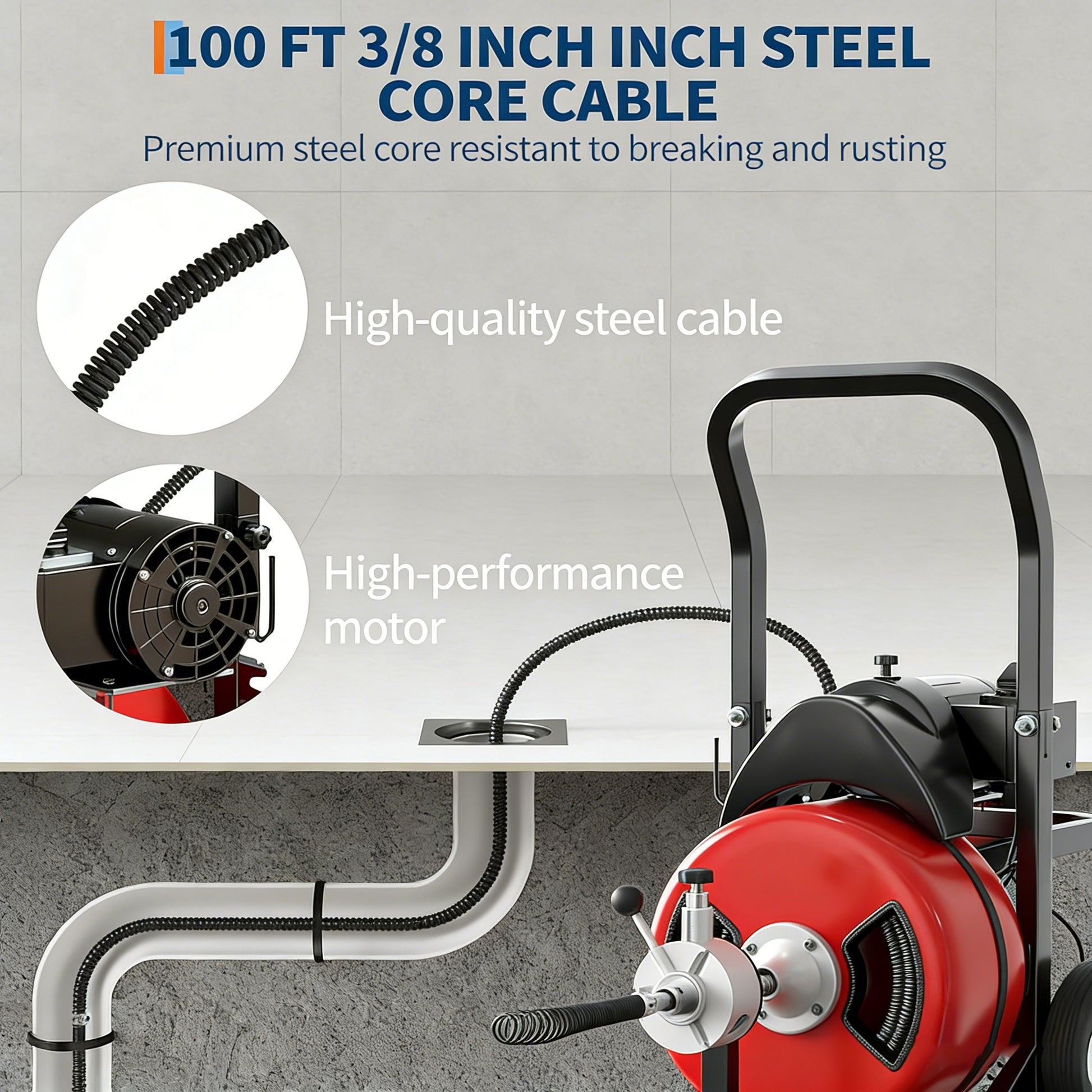 Garvee Drain Cleaner Machine 100FT x 3/8 Inch Steel Core Cable Portable 370W Electric Drain Cleaning Machine With Sewer Auger Cutter Air-Activated Foot Switch Wheels For Commercial Home