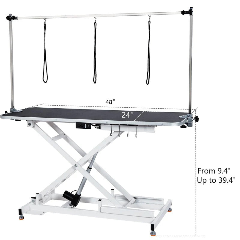 Garvee 48" Electric Dog Grooming Table, Stainless Steel, Non-slip Surface, Remote Lifting, Pet Grooming Table with Adjustable Overhead Arm & Noose for Home Use, White