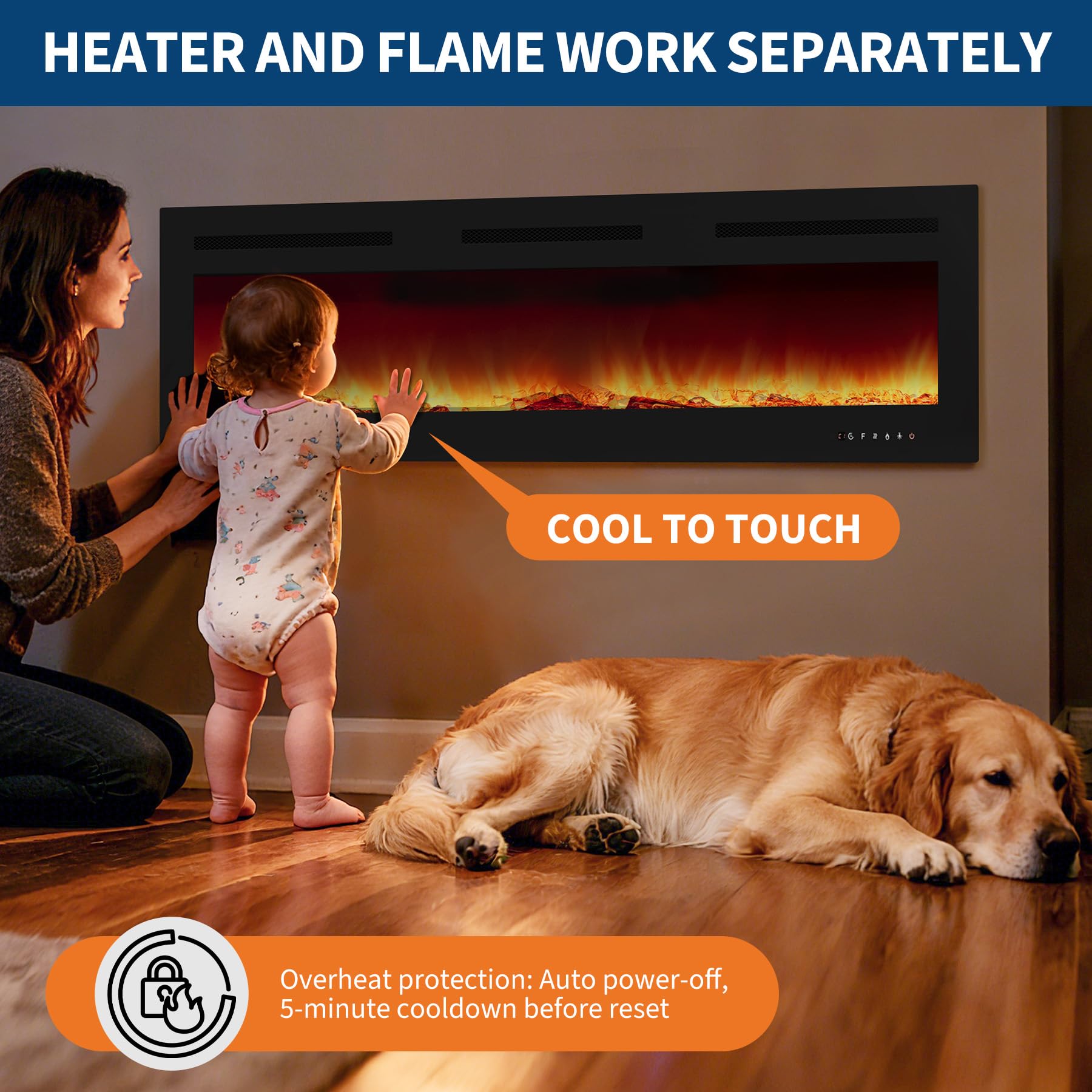 Garvee 72" Electric Fireplace Linear Heater 750/1500W Dual Heat, 12 Flame Colors, Remote & Touch Control, Wall Recessed/Mounted, Modern Living Room