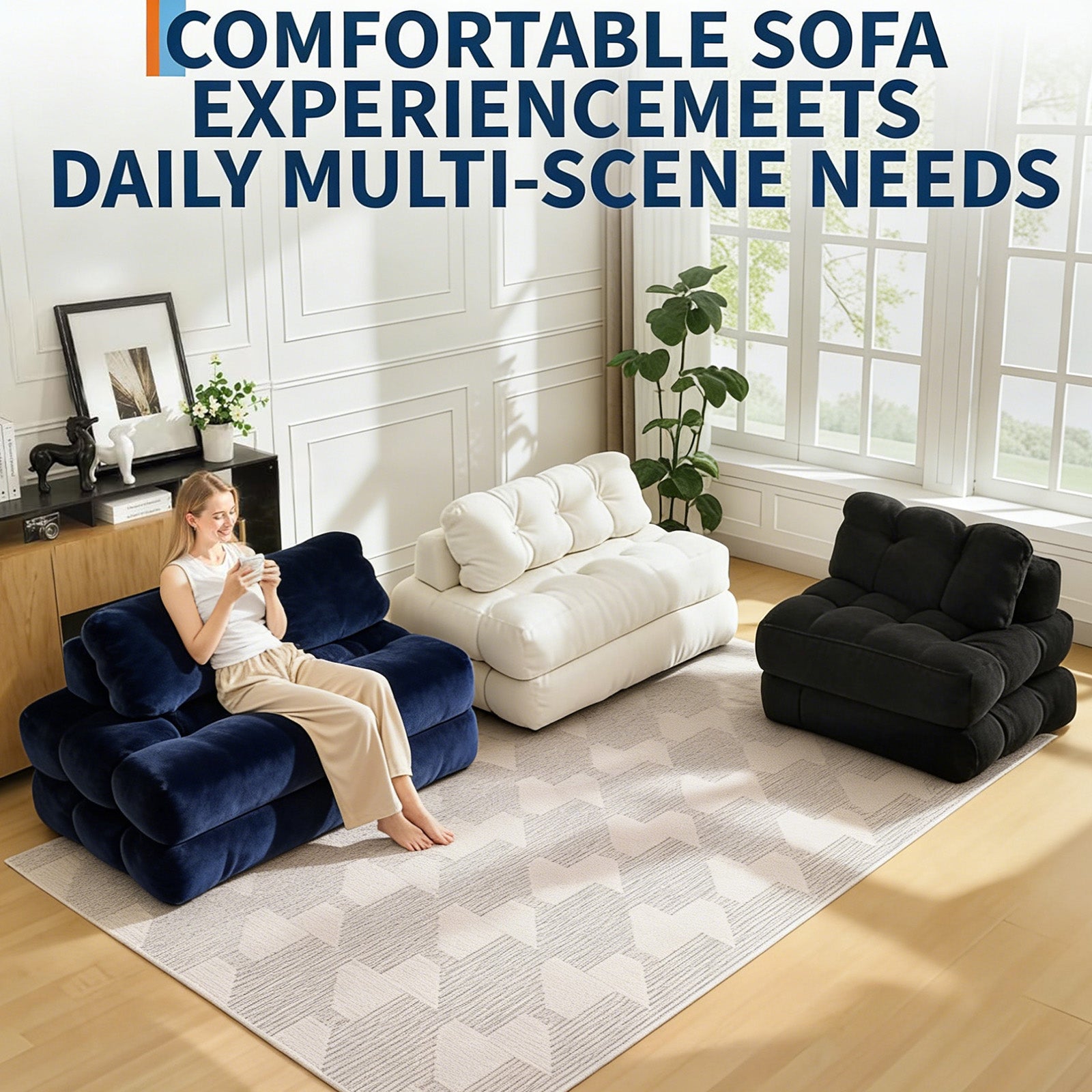Garvee Folding Sofa Bed, 3-in-1 Convertible Sleeper Chair with Pillow, Double Futon Couch Bed with Back Support, Portable Fold Out Chair Bed Comfy Floor Sofa Lounge for Living Room Bedroom, Navy Blue