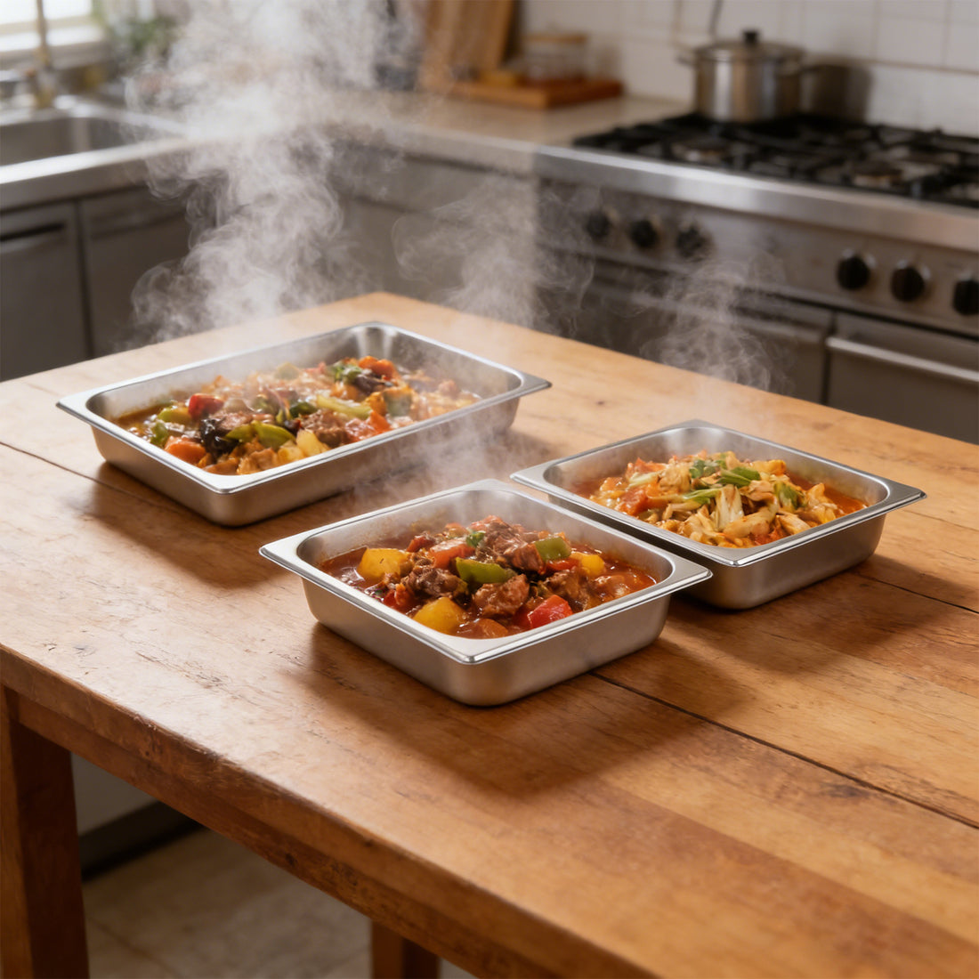 GARVEE 3 Pack Hotel Pans, 1x1/1+ 2x1/2Pan, Suitable for GARVEE Electric Chafing Dish, 0.8mm Thick Stainless Steel Steam Table Pan, 2.6-Inch Deep Commercial Table Pan, Catering Storage Food Pan, for Industrial & Scientific