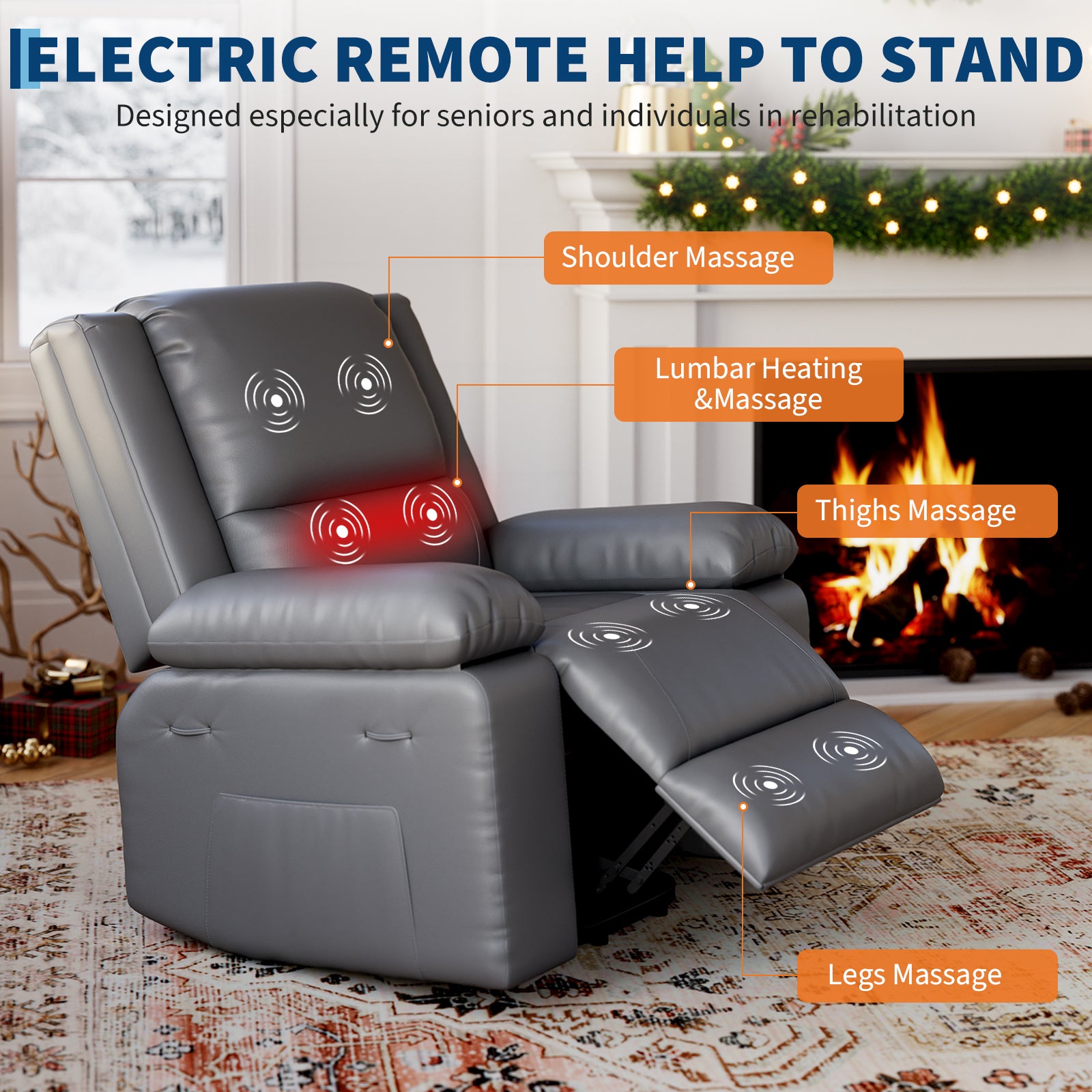 Garvee PU Leather Power Lift Recliner Chair with Massage and Heat, 8-Point Vibration, Adjustable Back and Leg Support, Electric Lift Chair Designed for Mobility Aid Elderly Relaxation, Grey