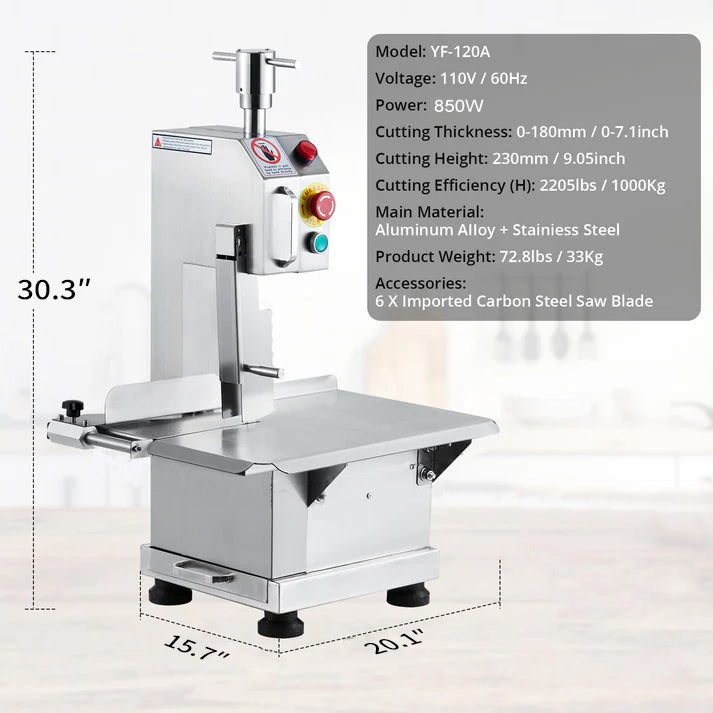 Garvee Commercial Electric Meat Saw - 850W Bone Cutting Bandsaw With Customizable Thickness, Accurate Adjustments, 15.7" x 20.1" Stainless Steel Workbench, 15m/s Sawing Speed, Countertop