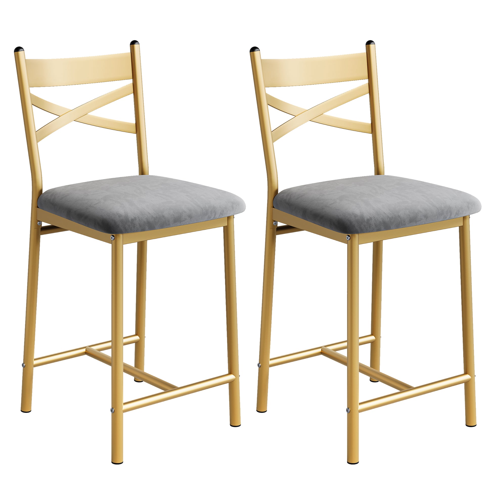 Garvee Bar Stools Set of 2, Counter Height Bar Stools with X Back and Thick Cushion, PU Leather, Metal Barstools for Kitchen Island Apartment Counter Bar, Gold