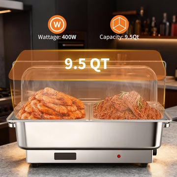 Garvee 9.5QT(1x1/1+ 2x1/2Pan)Electric Chafing Dish with Temperature Control, Stainless Steel Buffet Servers and Warmers, Electric Chafing Dish Set with Temperature Control for Catering