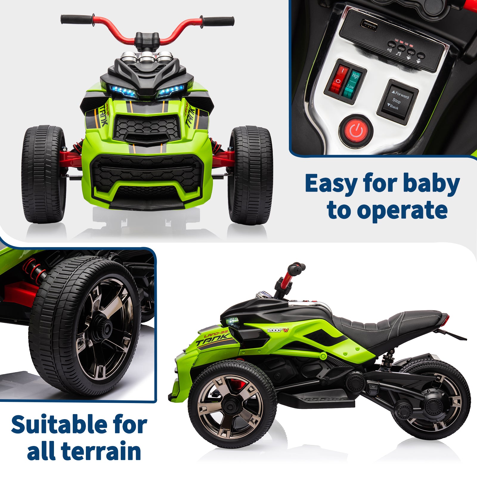 Garvee 12V Kids Ride on Toy for Kids, 2x55W Powerful Engine 7AH Battery, 3 - 7 km/H, 3 Wheelers Electric Vehicle, LED Lights, 2 Speeds, EVA Tire, Music, USB - Green