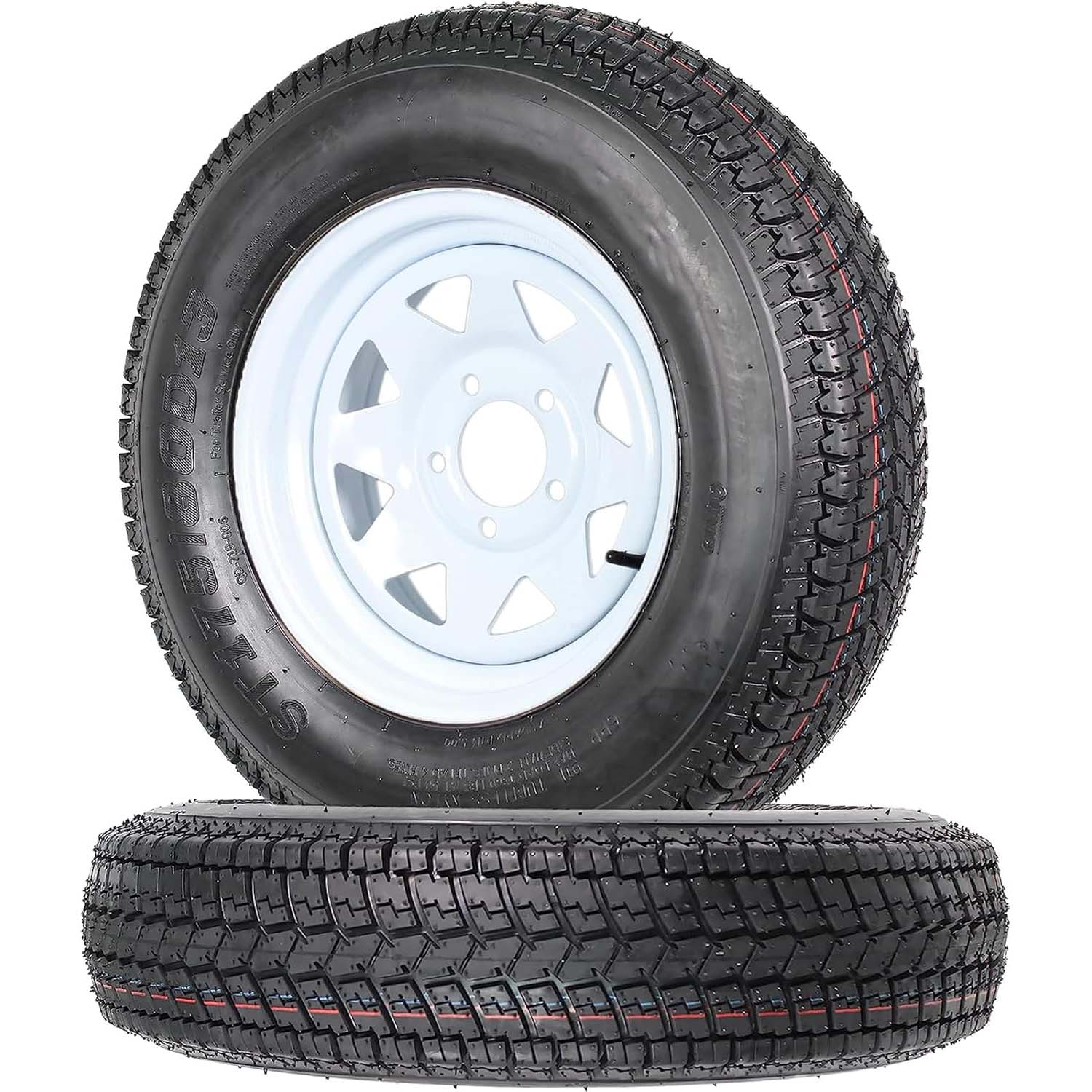 Garvee ST175/80D13 Trailer Tires, 2 Pack, Load Range C 6PLY, 13" White Spoke Rims 5 Lug on 4.5", Max Load 1360 LBS, Durable Bias-Ply All-Season Design for Utility & Boat Trailers