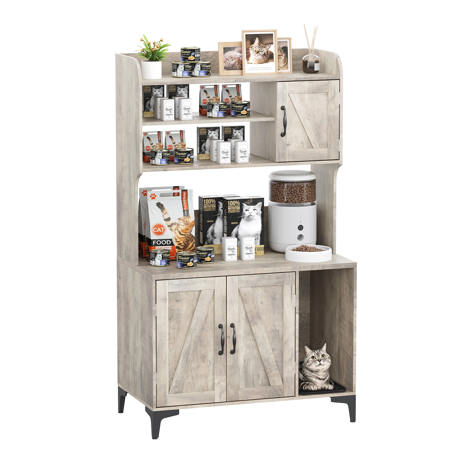 Garvee Cat Litter Box Enclosure, Modern Hidden Cat Litter Box Furniture with 4-Tier Storage Shelves, 2 Cabinets, Cat Litter Mat, Large Wood Indoor Cat House Furniture for Home, Grey