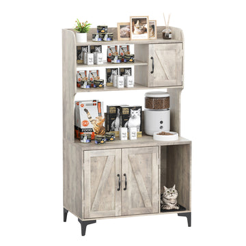 Garvee Cat Litter Box Enclosure, Modern Hidden Cat Litter Box Furniture with 4-Tier Storage Shelves, 2 Cabinets, Cat Litter Mat, Large Wood Indoor Cat House Furniture for Home, Grey